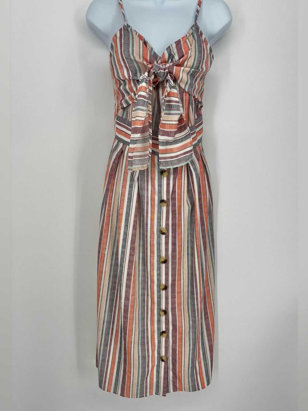 Style House Striped Button Front Tie Dress Boho Midi Rust Orange Size S